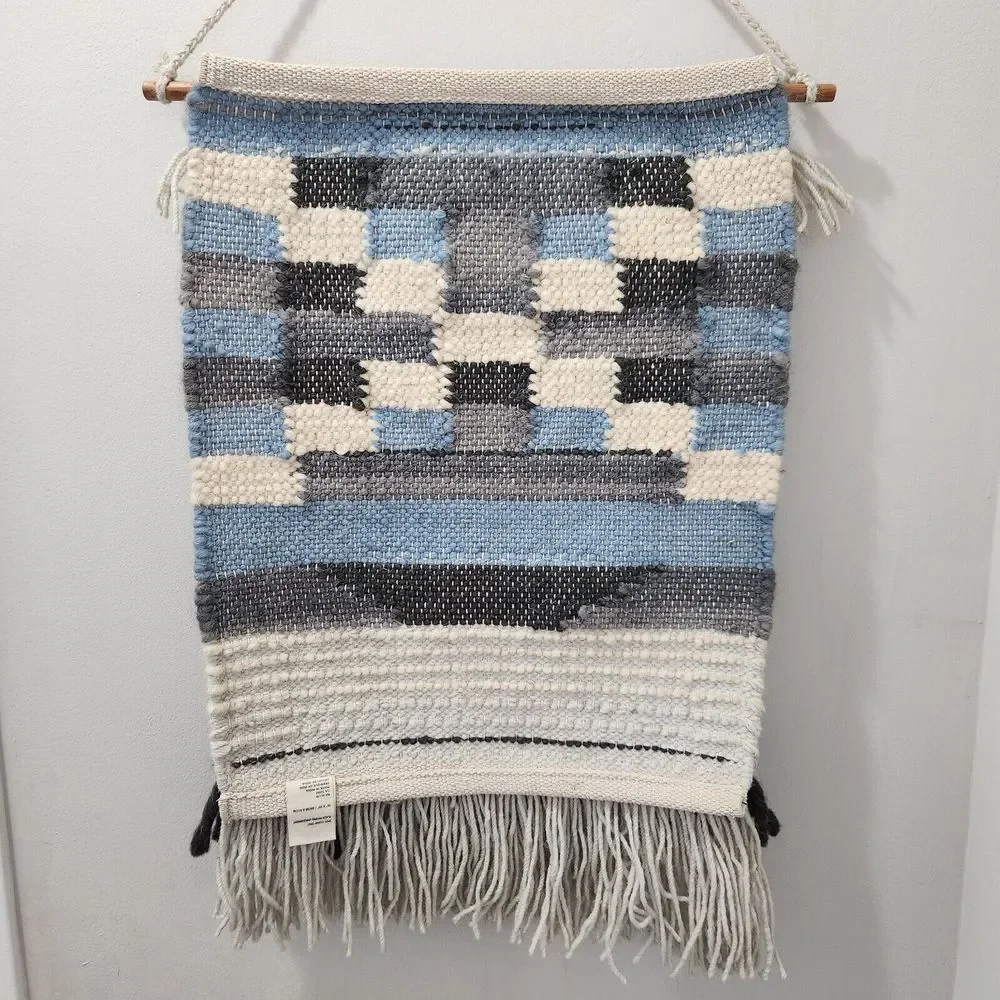 Macrame Woven Blue Cream Wall Hanging 15x24 Wool Tapestry Boho Made in India